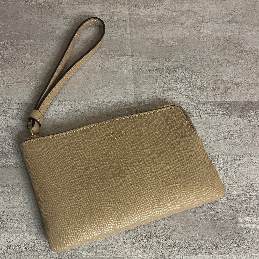 Coach Beige Taupe Leather corner zip Wristlet with Strap